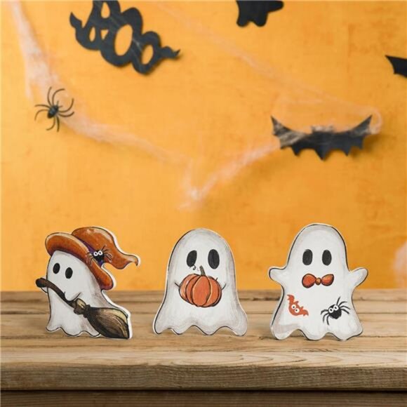 3 Pcs Wooden Blocks Signs, Happy Halloween Ghost Tiered Tray Decorations - Picture 6 of 7